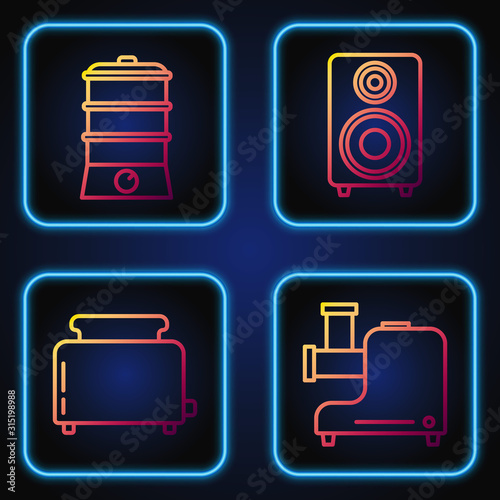 Set line Kitchen meat grinder , Toaster with toasts , Double boiler  and Stereo speaker . Gradient color icons. Vector
