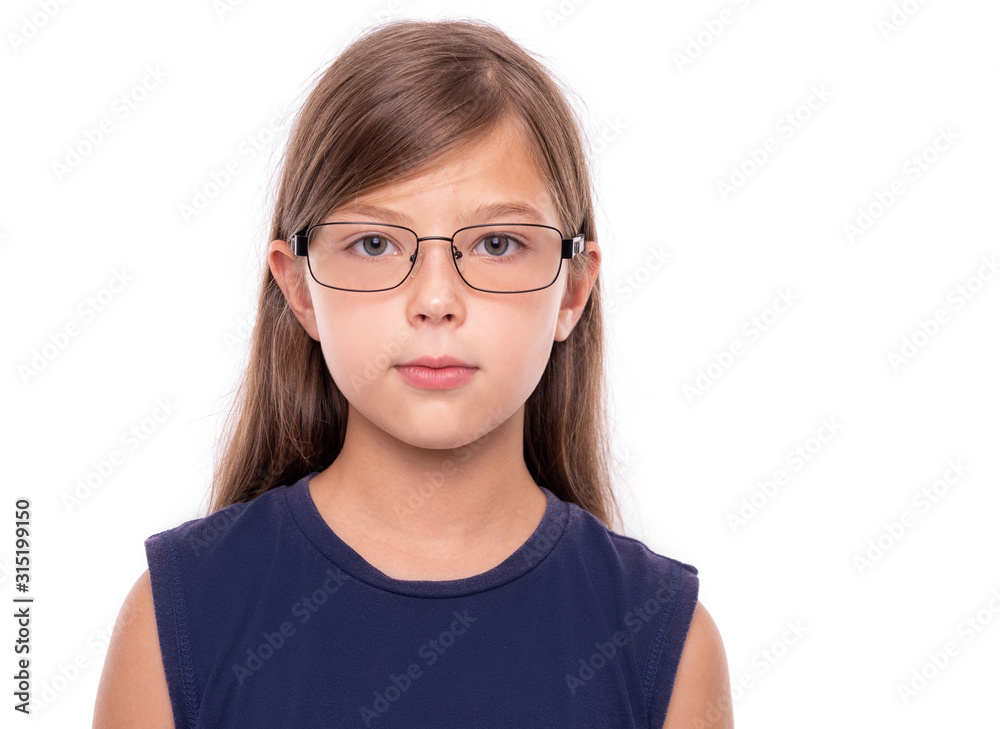 Portrait of a little girl with glasses isolated on a white backgroud. Portrait of a little girl with glasses isolated on a white backgroud.