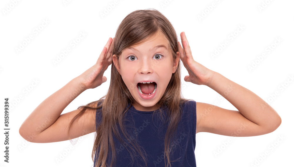 Little girl in shock or stress on a white background. Little girl in shock or stress on a white background.