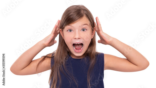 Little girl in shock or stress on a white background.