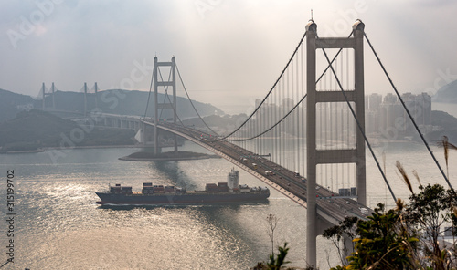 Tsing Ma Bridge with Container Vessel