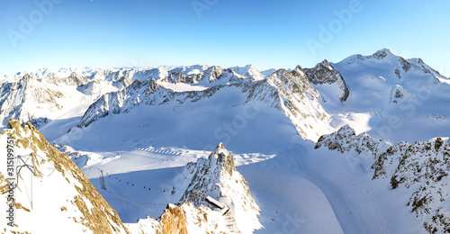 View from Pitztal glacier into the high alpine mountain landscape with Wildspitze summit in winter with lots of snow and ice  Austrian Alps in Tirol Austria