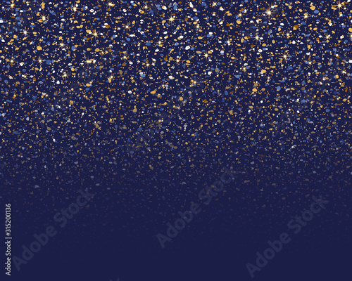 Falling bright sparkling particles. Gold glitter confetti. Falling sparkles. Golden light effect. Abstract bokeh lights. Design wedding celebration. Gold dust on blue background. Sparkling starry sky