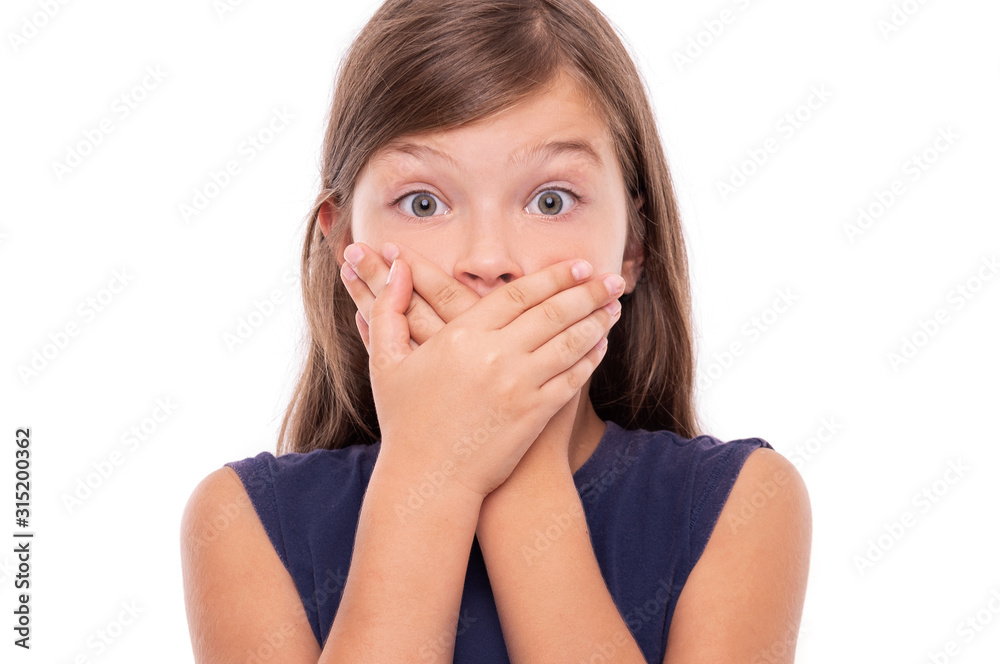 Little girl covered her mouth with her hands. Isolated on white. Little girl covered her mouth with her hands. Isolated on white.