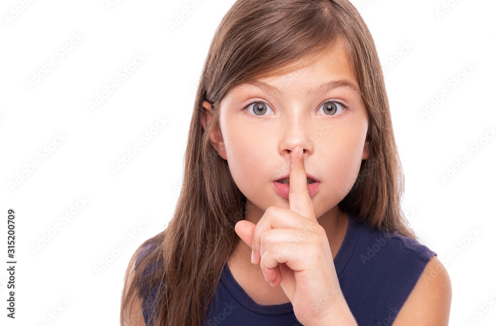 Little girl presses her finger to her lips. Isolated on white. Little girl presses her finger to her lips. Isolated on white.