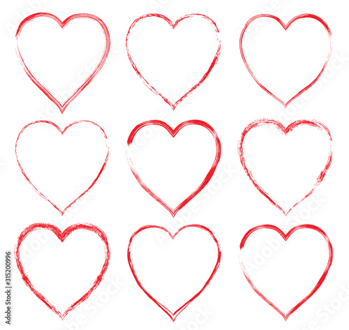 Hand drawn vector set with red heart shaped frames and borders for Valentine's Day designs and greeting cards
