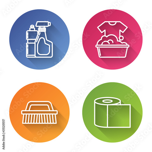 Set line Plastic bottles for liquid dishwashing liquid, Plastic basin with soap suds , Brush for cleaning  and Toilet paper roll . Color circle button. Vector
