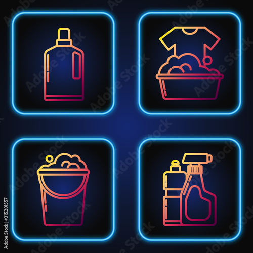 Set line Plastic bottles for liquid dishwashing liquid, Bucket with foam and bubbles , Plastic bottles for liquid dishwashing liquid and Plastic basin with soap suds . Gradient color icons. Vector