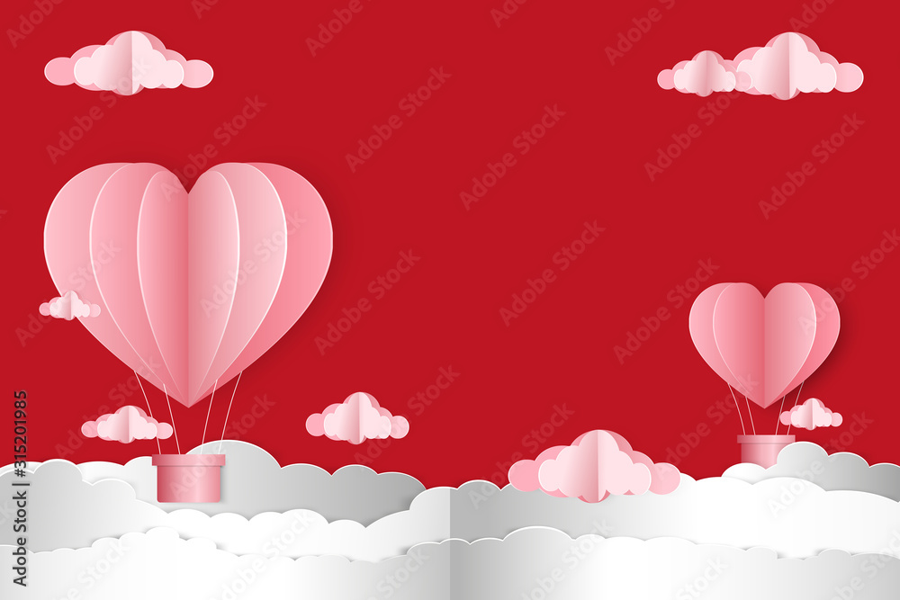 Vector illustration, Paper art of Valentine invitation or greeting card with hot air balloons heart flying and clouds on red background, copy space for text, Valentine's day concept
