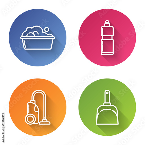 Set line Plastic basin with soap suds , Plastic bottles for liquid dishwashing liquid, Vacuum cleaner  and Dustpan . Color circle button. Vector