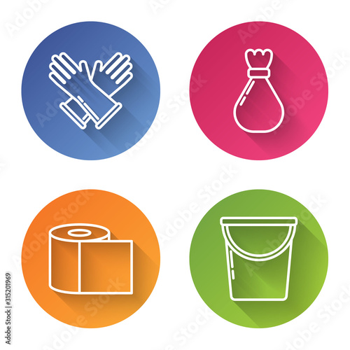Set line Rubber gloves , Garbage bag , Toilet paper roll  and Bucket . Color circle button. Vector