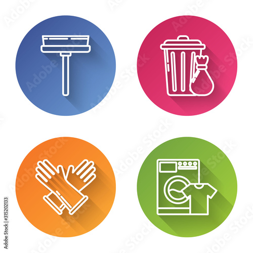 Set line Squeegee, scraper, wiper, Trash can and garbage bag , Rubber gloves  and Washer and t-shirt . Color circle button. Vector