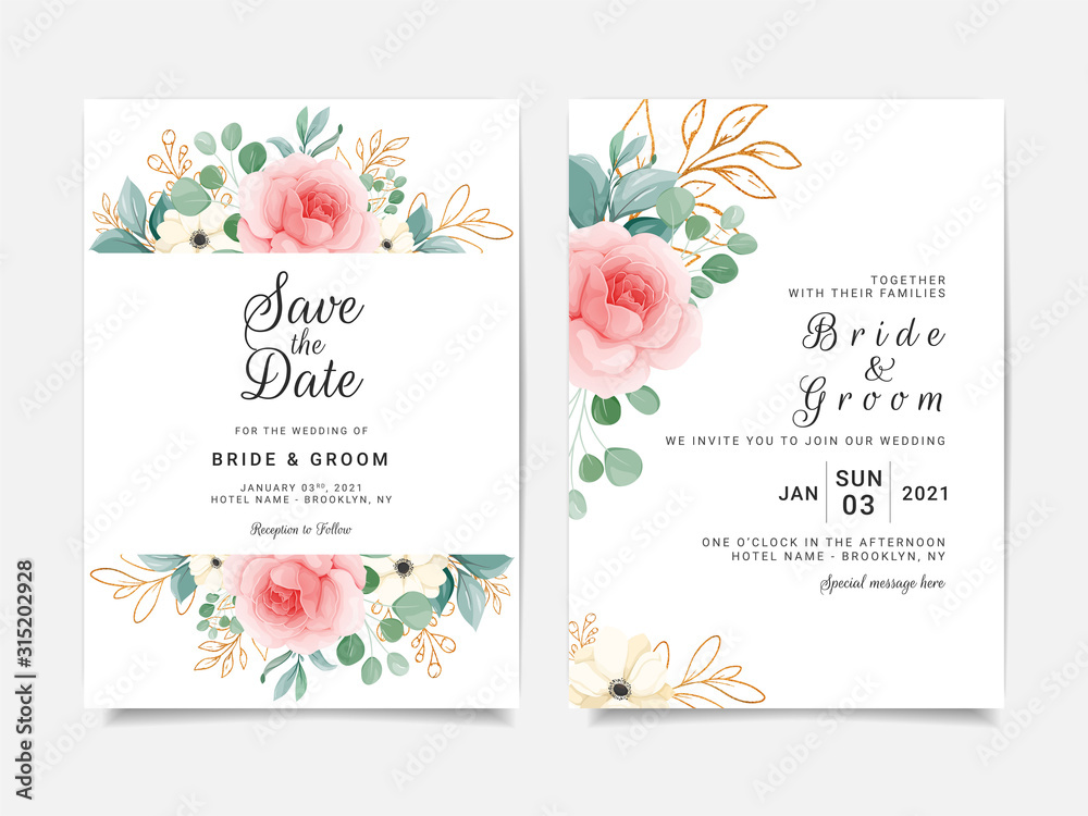 Elegant rose and leaves wedding invitation card template design. Flowers border with outlined floral illustration
