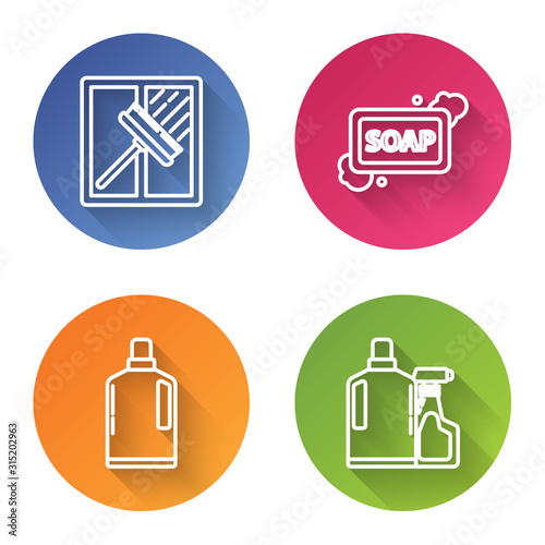 Set line Squeegee, scraper, wiper, Bar of soap with foam , Plastic bottles for liquid dishwashing liquid and Plastic bottles for liquid dishwashing liquid. Color circle button. Vector