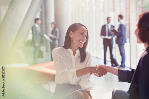 Smiling businesswomen handshaking in office lobby photo