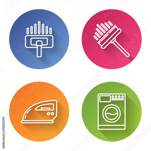 Set line Vacuum cleaner, Squeegee, scraper, wiper, Electric iron and Washer . Color circle button. Vector