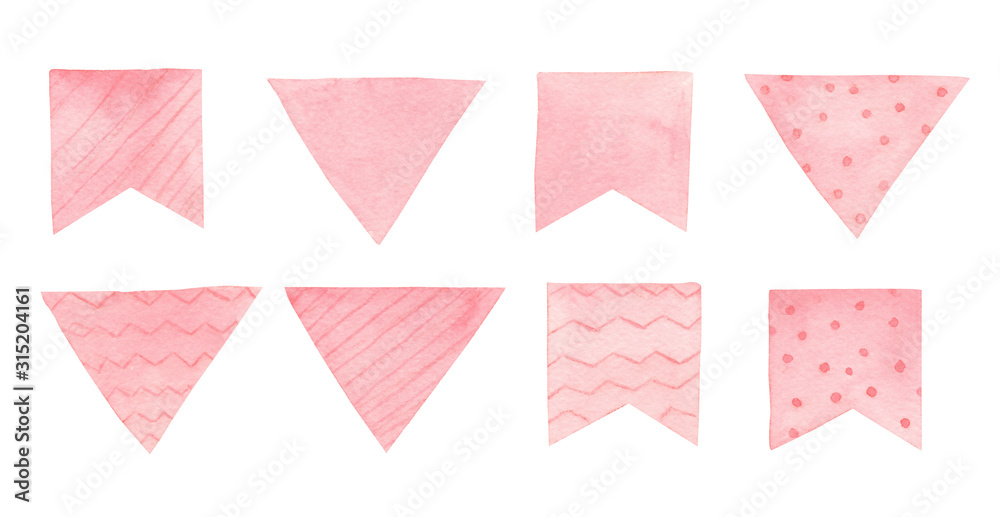 Pink hand drawn flags watercolor illustrations set