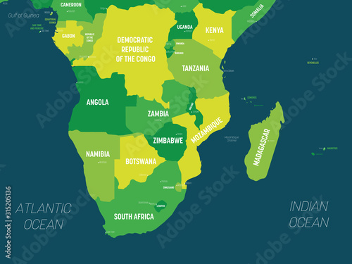 Southern Africa map - green hue colored on dark background. High detailed political map of southern african region with country, capital, ocean and sea names labeling