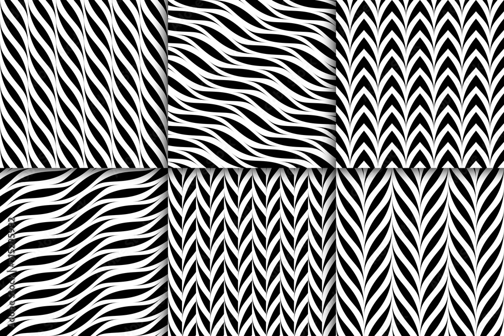 Set of vector seamless geometric patterns. Weave striped black and white textures. Abstract monochrome backgrounds Set of vector seamless geometric patterns. Weave striped black and white textures. Abstract monochrome backgrounds