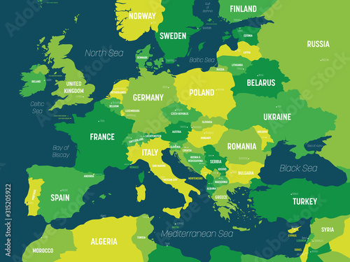 Europe map - green hue colored on dark background. High detailed political map of european continent with country, capital, ocean and sea names labeling