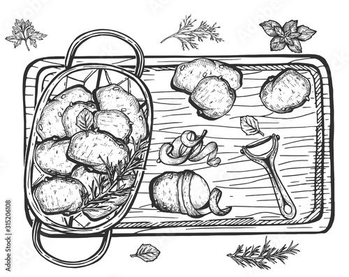 Potato cooking process still life