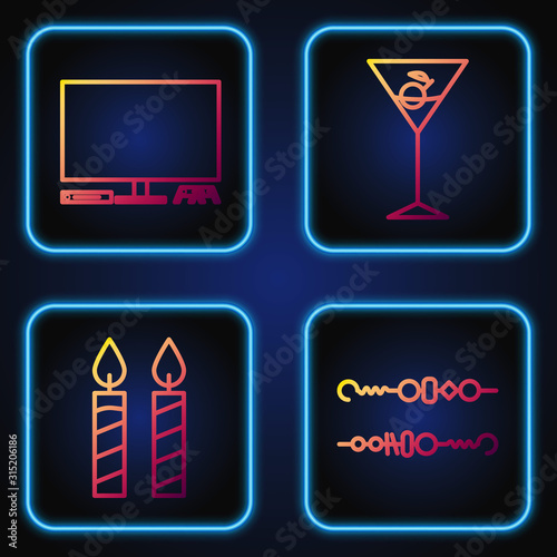 Set line Grilled shish kebab, Birthday cake candles , Video game console and Martini glass . Gradient color icons. Vector