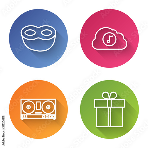Set line Festive mask , Music streaming service , DJ remote for playing and mixing music and Gift box . Color circle button. Vector