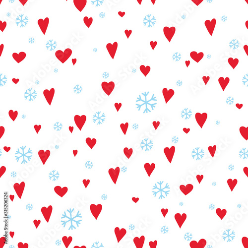 Cute Hearts and Snowflakes Happy Valentine Pattern. Winter Background. Vector