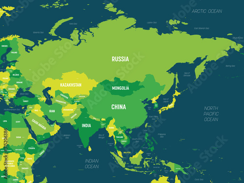 Asia - green hue colored on dark background. High detailed political map of asian continent with country, capital, ocean and sea names labeling