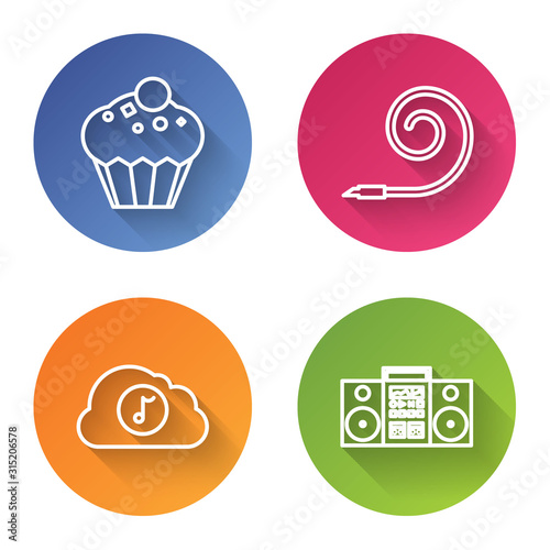 Set line Muffin , Birthday party horn , Music streaming service and Home stereo with two speakers . Color circle button. Vector