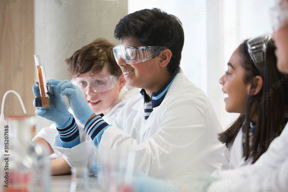 Students conducting scientific experiment in laboratory classroom Stock ...