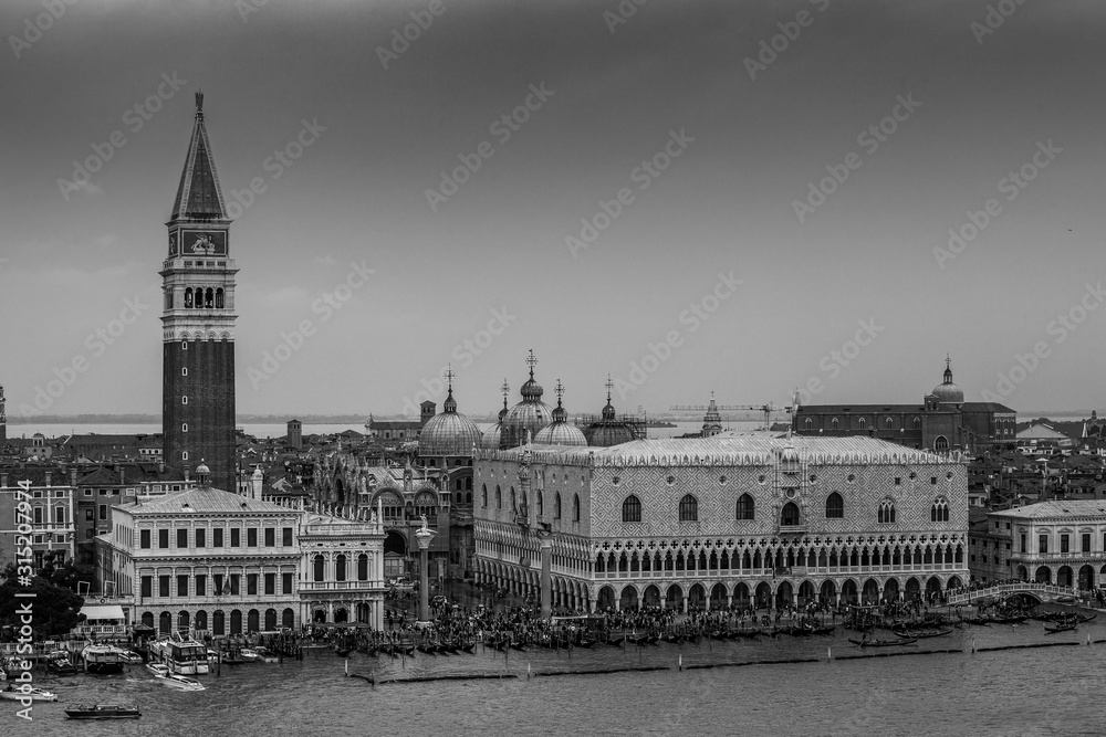 Black and white effect of Palazzo Ducale aerial view in a rainy day, Venice, Italy