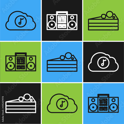 Set line Music streaming service , Cake and Home stereo with two speakers icon. Vector