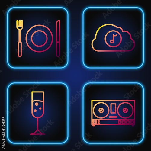 Set line DJ remote for playing and mixing music , Glass of champagne , Plate, fork and knife and Music streaming service . Gradient color icons. Vector