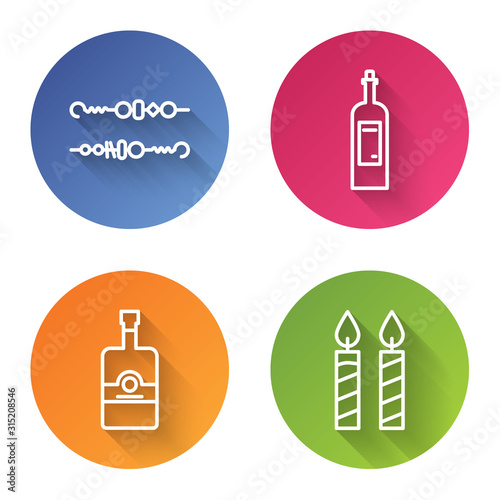 Set line Grilled shish kebab, Bottle of wine , Whiskey bottle and Birthday cake candles . Color circle button. Vector