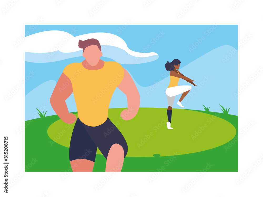 couple of people exercising with background landscape couple of people exercising with background landscape