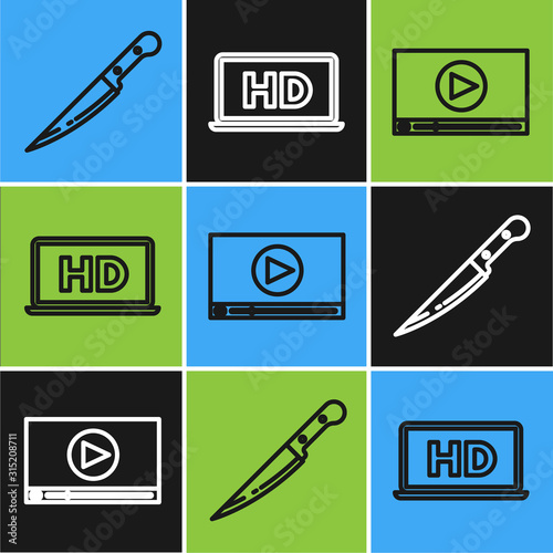 Set line Knife , Online play video and Laptop screen with HD video technology icon. Vector
