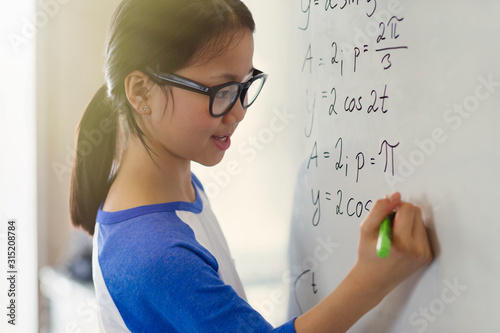 Portrait smiling, confident girl student solving physics equations at whiteboard in classroom photo