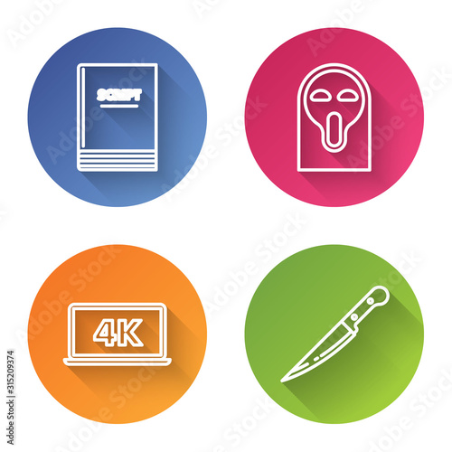 Set line Scenario , Funny and scary ghost mask, Laptop screen with 4k video technology and Knife . Color circle button. Vector