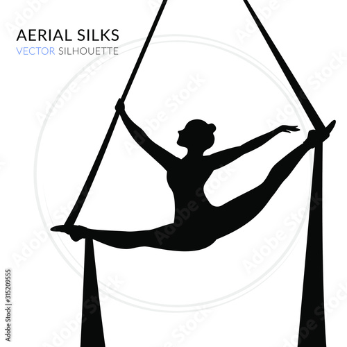 Silhouettes of a gymnast in the aerial silks. Vector illustration on white background. Air gymnastics concept