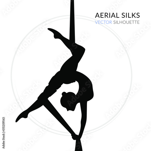 Silhouettes of a gymnast in the aerial silks. Vector illustration on white background. Air gymnastics concept