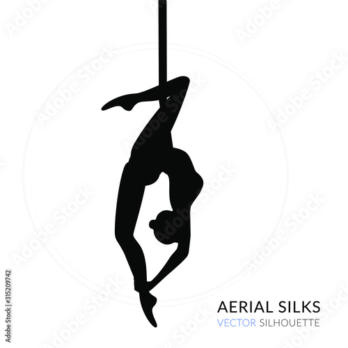 Silhouettes of a gymnast in the aerial silks. Vector illustration on white background. Air gymnastics concept