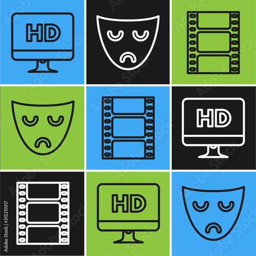 Set line Computer PC monitor with HD video technology , Play Video and Drama theatrical mask icon. Vector