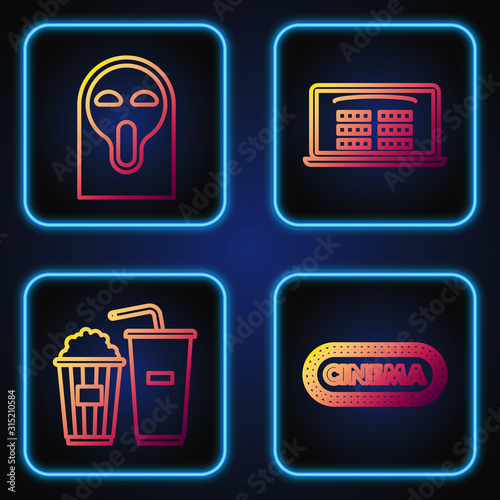 Set line Cinema poster design template , Popcorn and soda drink glass, Funny and scary ghost mask and Buy cinema ticket online . Gradient color icons. Vector