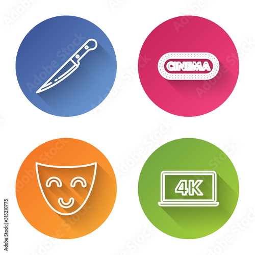 Set line Knife , Cinema poster design template , Comedy theatrical mask and Laptop screen with 4k video technology . Color circle button. Vector
