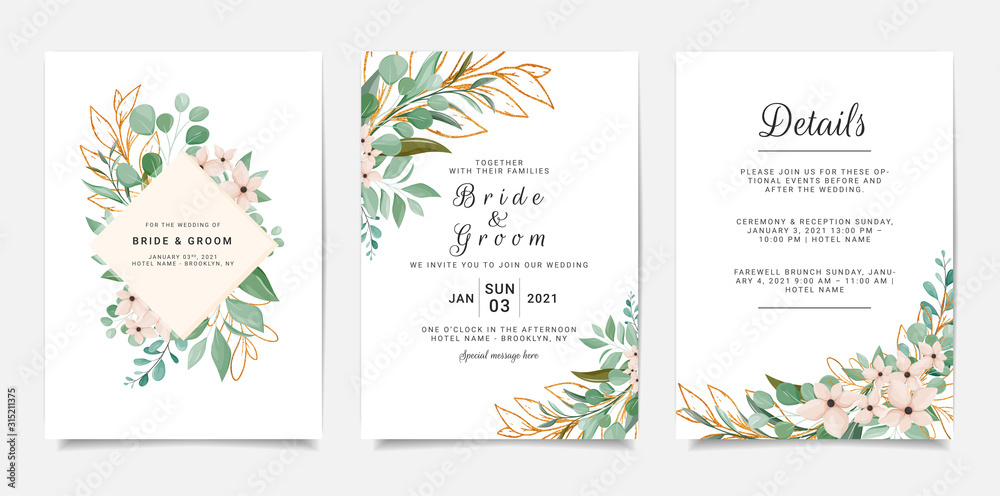 Elegant leaves with glitter wedding invitation card card template design. Minimalist greenery with outlined floral illustration on white background