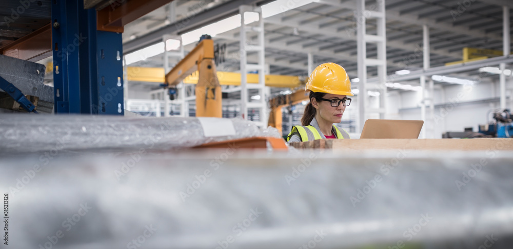 Female supervisor using laptop in factory Female supervisor using laptop in factory