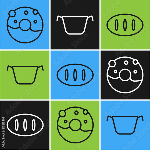 Set line Donut with sweet glaze , Bread loaf and Cooking pot icon. Vector