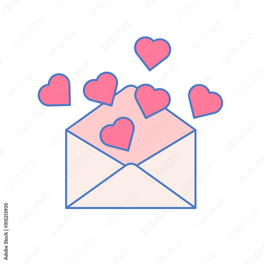 Valentine's day greetings. Open envelope with hearts flying out.