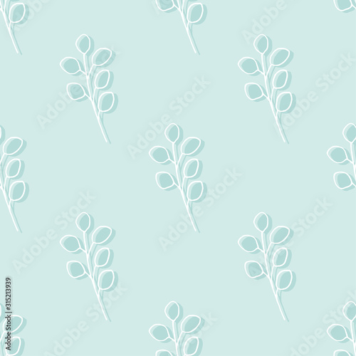 Seamless vector pattern of eucalyptus branches on a blue background.